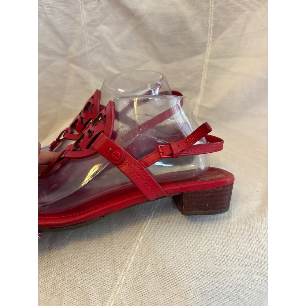Tory Burch Miller Red Leather Block Heel Thong Sandals Ankle Strap Womens 8M - Picture 2 of 5